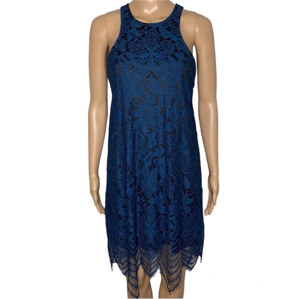 Express Blue & Black Lace High Neck Sleeveless Keyhole Knee Length Mini Dress - Picture 1 of 10